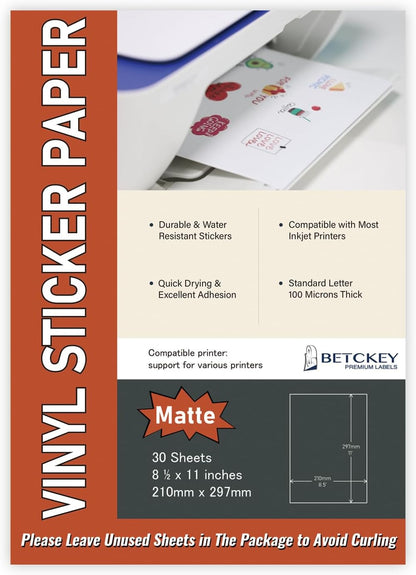 Lot de 30 feuilles de papier autocollant A4, imprimable non étanche en vinyle mat pour imprimantes à jet d'encre et laser, 210mm x 297mm