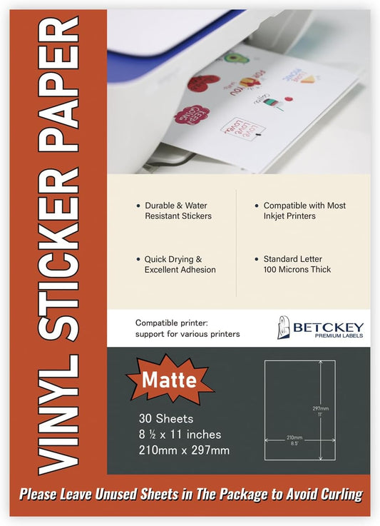 Lot de 30 feuilles de papier autocollant A4, imprimable non étanche en vinyle mat pour imprimantes à jet d'encre et laser, 210mm x 297mm