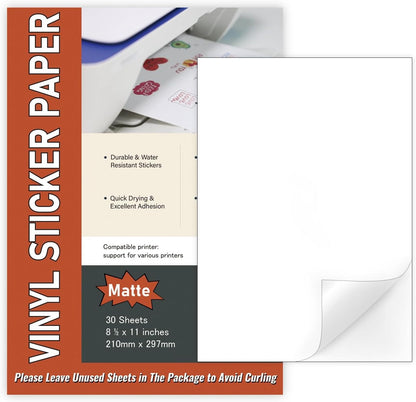 Lot de 30 feuilles de papier autocollant A4, imprimable non étanche en vinyle mat pour imprimantes à jet d'encre et laser, 210mm x 297mm